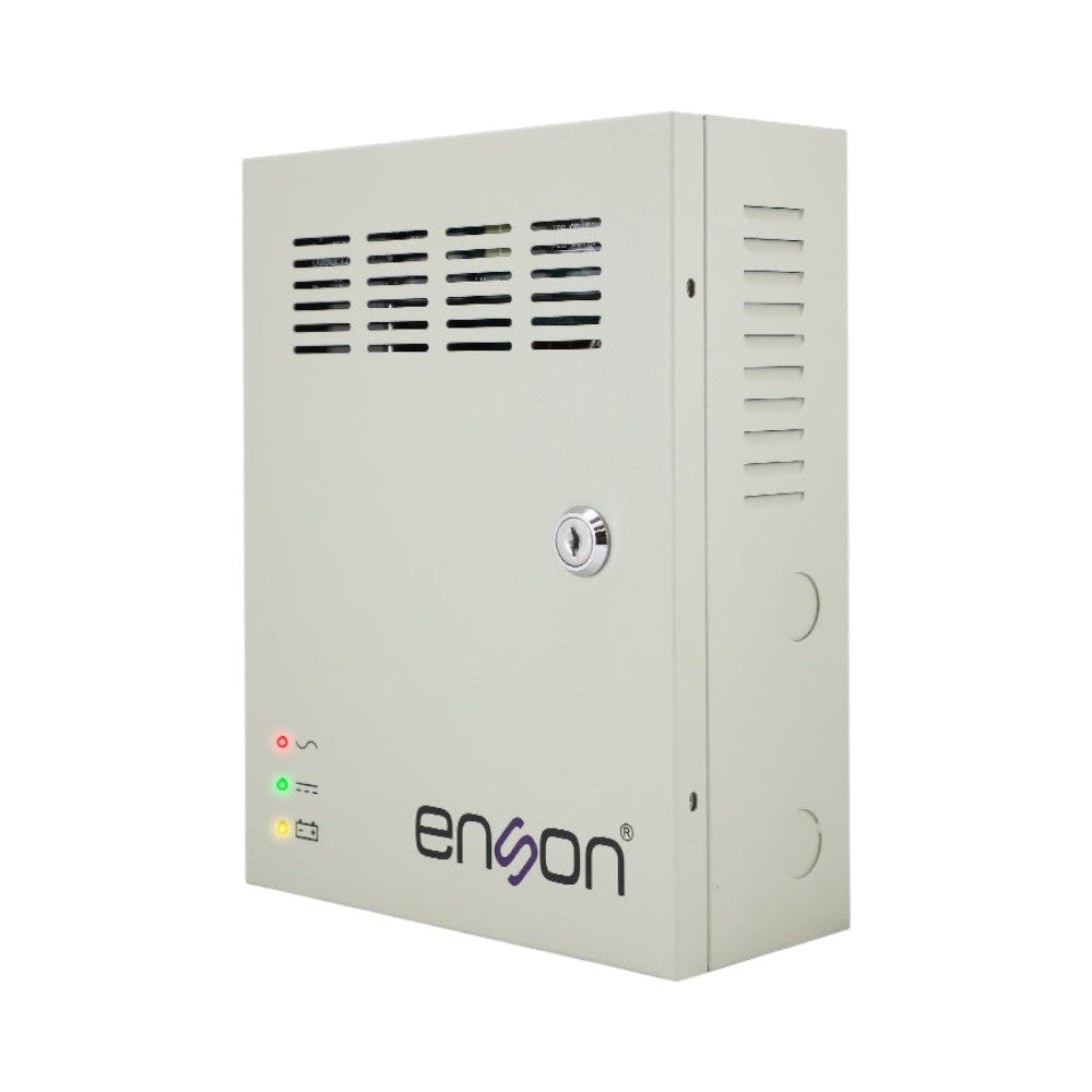 SILYMX Enson 12VDC 5A power supply box for CCTV with 9 channels and battery backup support in a beige metal cabinet.