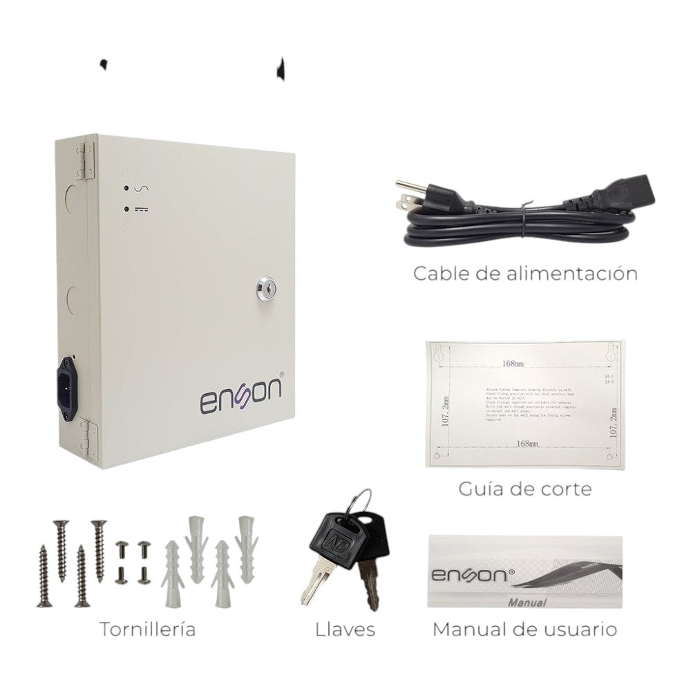 SILYMX Enson PSB-1209 12V 10A 9-channel CCTV power supply box with included power cable, keys, screws, and manual.