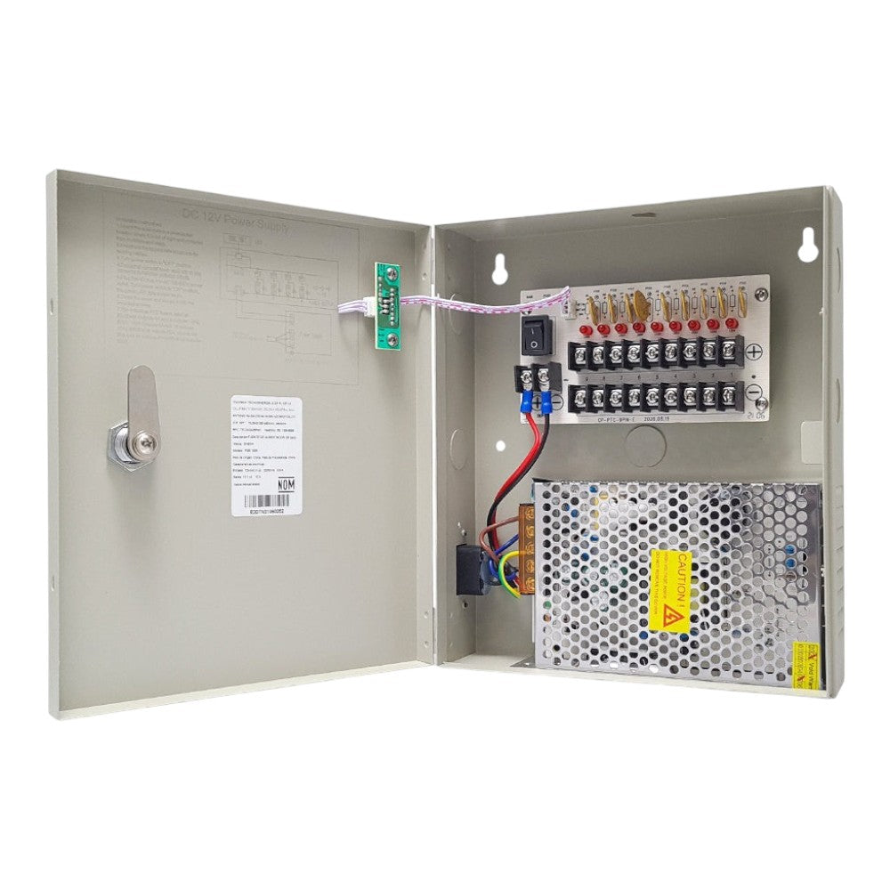SILYMX Enson PSB-1209 9-channel 12V 10A CCTV power supply box with PTC fuses and internal wiring, open view.