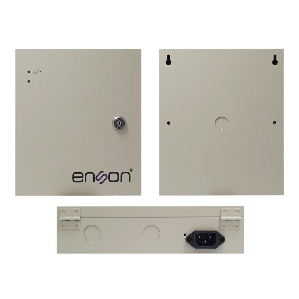 SILYMX Enson PSB-1209 9-channel CCTV power supply box with key lock, 12V 10A output, and metal casing.