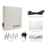 SILYMX Enson PSB-1218 12VDC 10A power supply box for CCTV with 18 channels, keys, power cable, and mounting hardware.