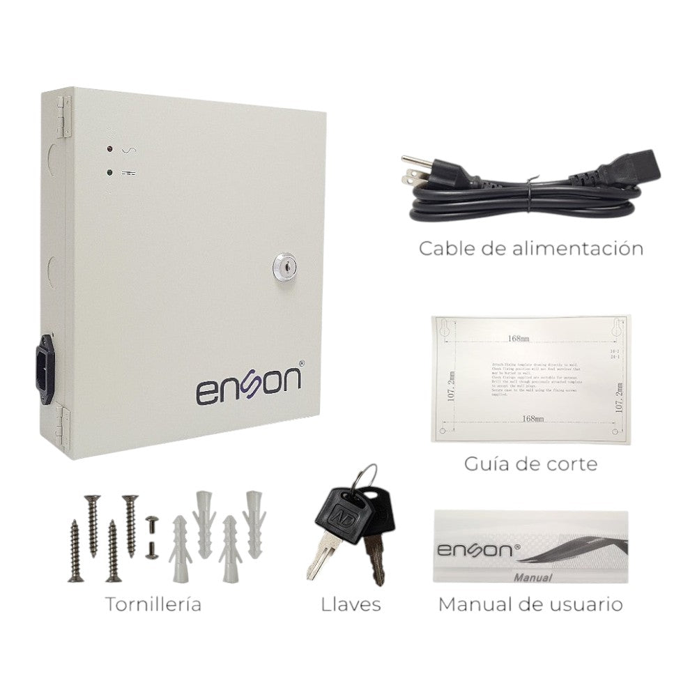 SILYMX Enson PSB-1218 12VDC 10A power supply box for CCTV with 18 channels, keys, power cable, and mounting hardware.