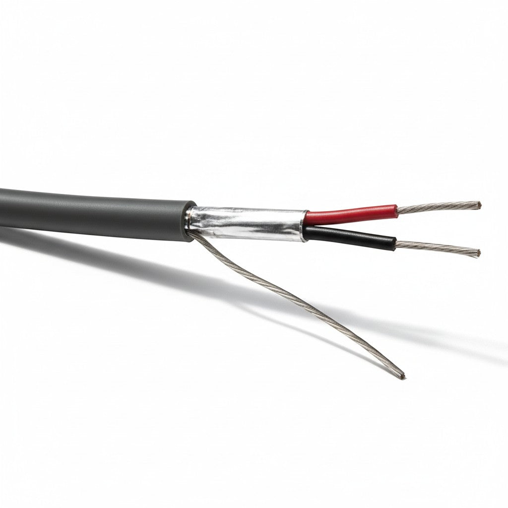 SILYMX gray 2x18 AWG shielded CMR riser cable with red and black conductors, 305m.