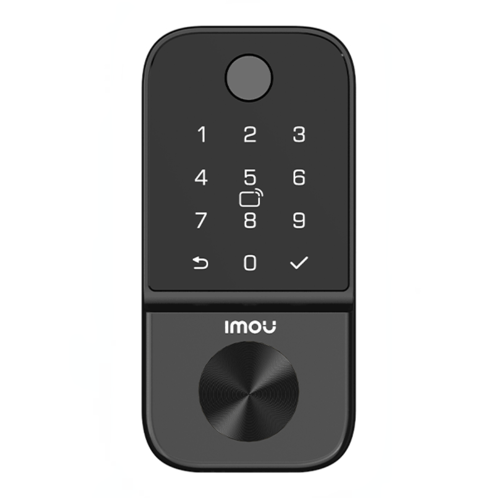 SILYMX Imou Cubo1 smart outdoor door lock with fingerprint scanner, numeric keypad, and Mifare card reader in black.
