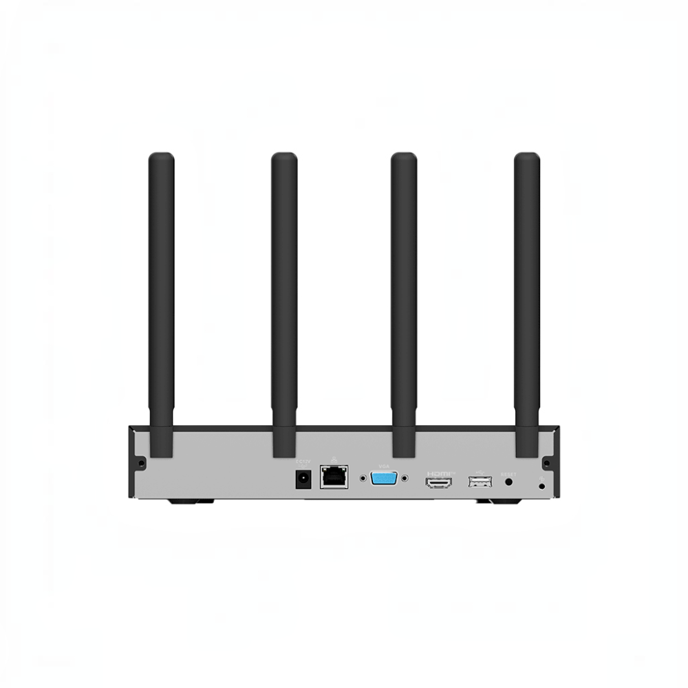 SILYMX IMOU N110W WiFi 6 NVR rear panel showing antenna ports, Ethernet, VGA, HDMI, and power input for security systems.