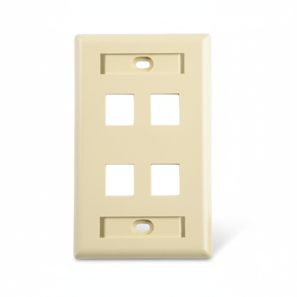 SILYMX ivory 4-port faceplate for Cat6A/Cat6 Keystone jacks, UL94V-0 plastic, recessed front connection.