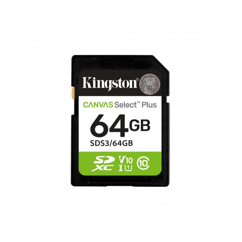 SILYMX Kingston Canvas Select Plus 64GB SDXC memory card with 100 MB/s speed, Class 10, U1, and V10 ratings.