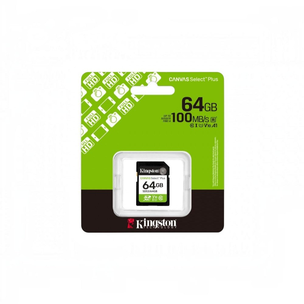 SILYMX Kingston Canvas Select Plus 64GB SDXC memory card in retail packaging, featuring 100MB/s speed and V10 rating.