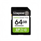 SILYMX Kingston Canvas Select Plus 64GB SDXC memory card with 100MB/s speed, Class 10, U1, and V10 ratings.