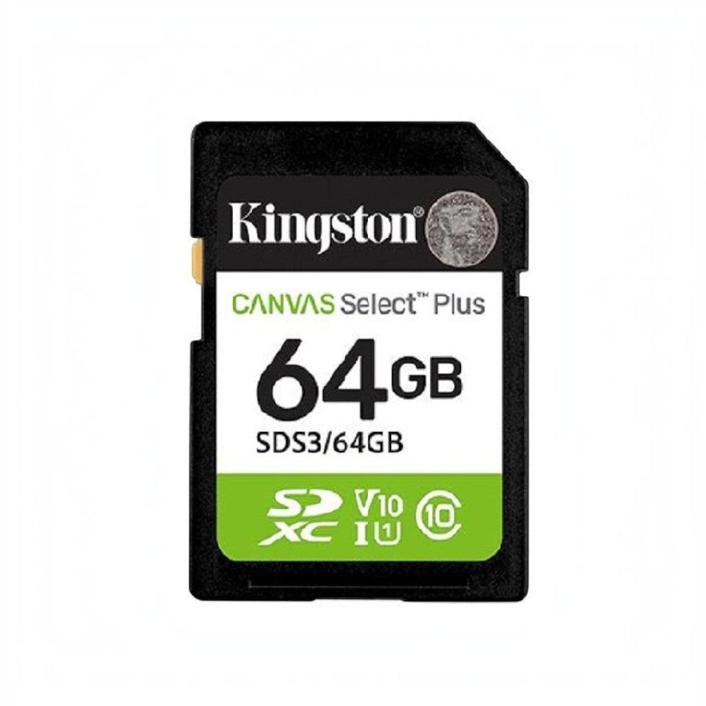 SILYMX Kingston Canvas Select Plus 64GB SDXC memory card with 100MB/s speed, Class 10, U1, and V10 ratings.