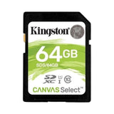 SILYMX Kingston Canvas Select Plus 64GB SDXC memory card with 100 MB/s speed, Class 10, UHS-I, and V10 rating.