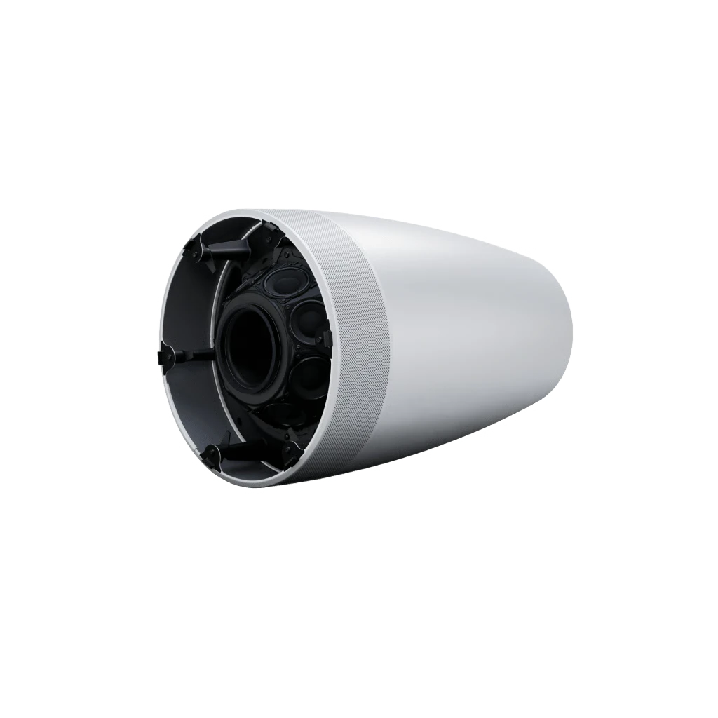 SILYMX Luna white pendant speaker with 8-driver circular ring array and integrated 8-inch woofer