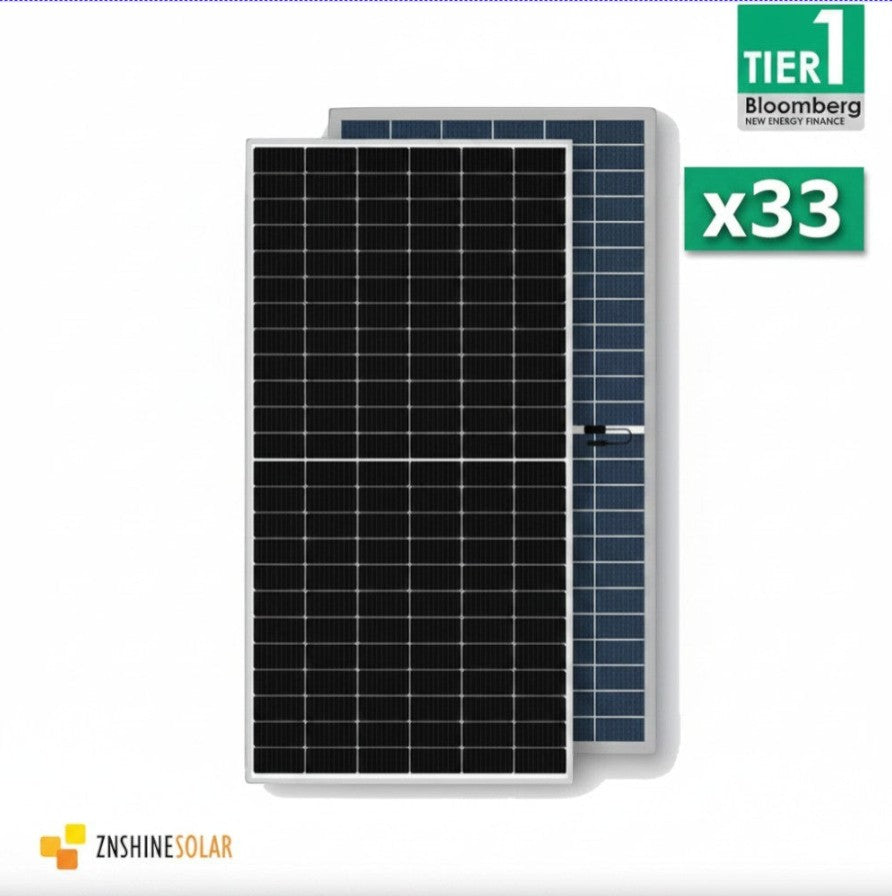SILYMX Pallet of 33 ZNShine 720W bifacial monocrystalline solar panels, high efficiency, black frame.