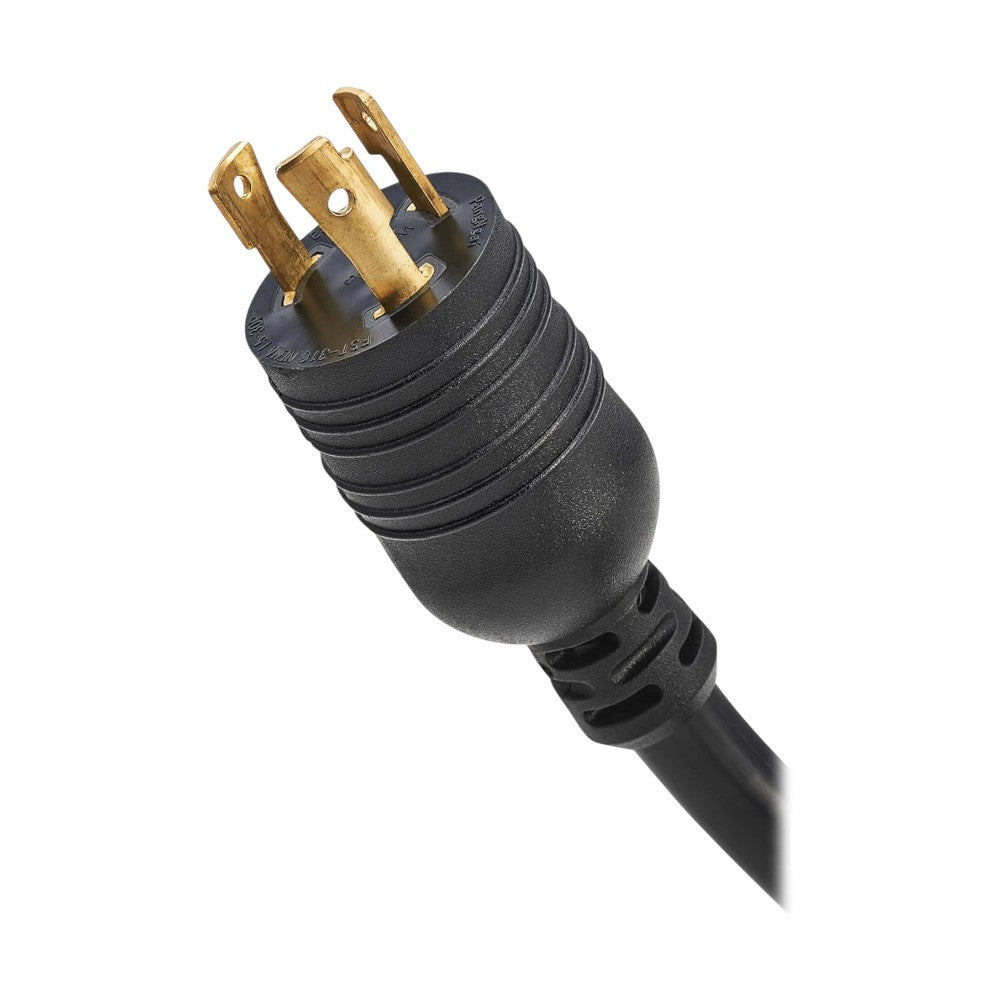 SILYMX black power cord plug with three brass prongs and ribbed grip, NEMA L5-30P specification.
