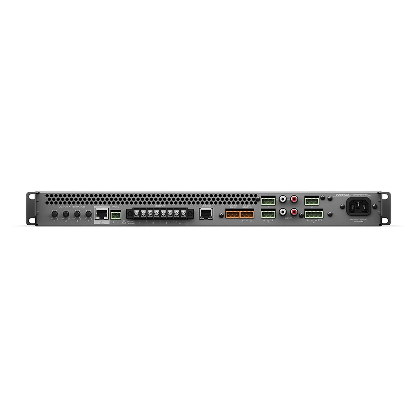 SILYMX PowerSpace+ 4x150W amplifier rear panel showing input, output, and DSP connectivity ports