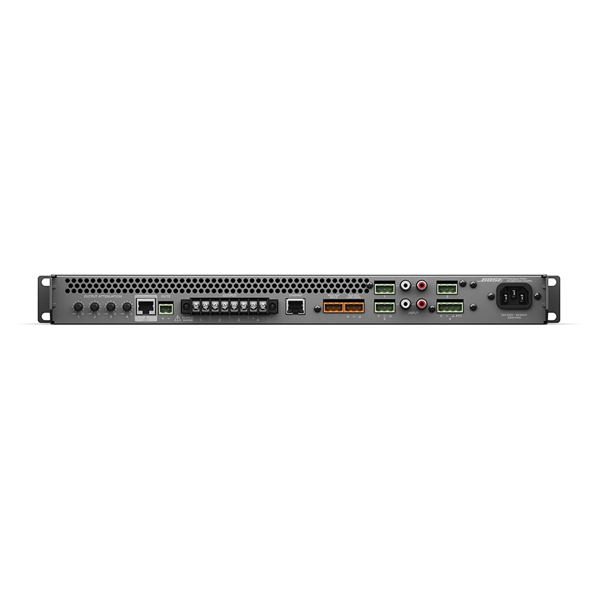 SILYMX PowerSpace+ 4x150W amplifier rear panel showing input, output, and DSP connectivity ports