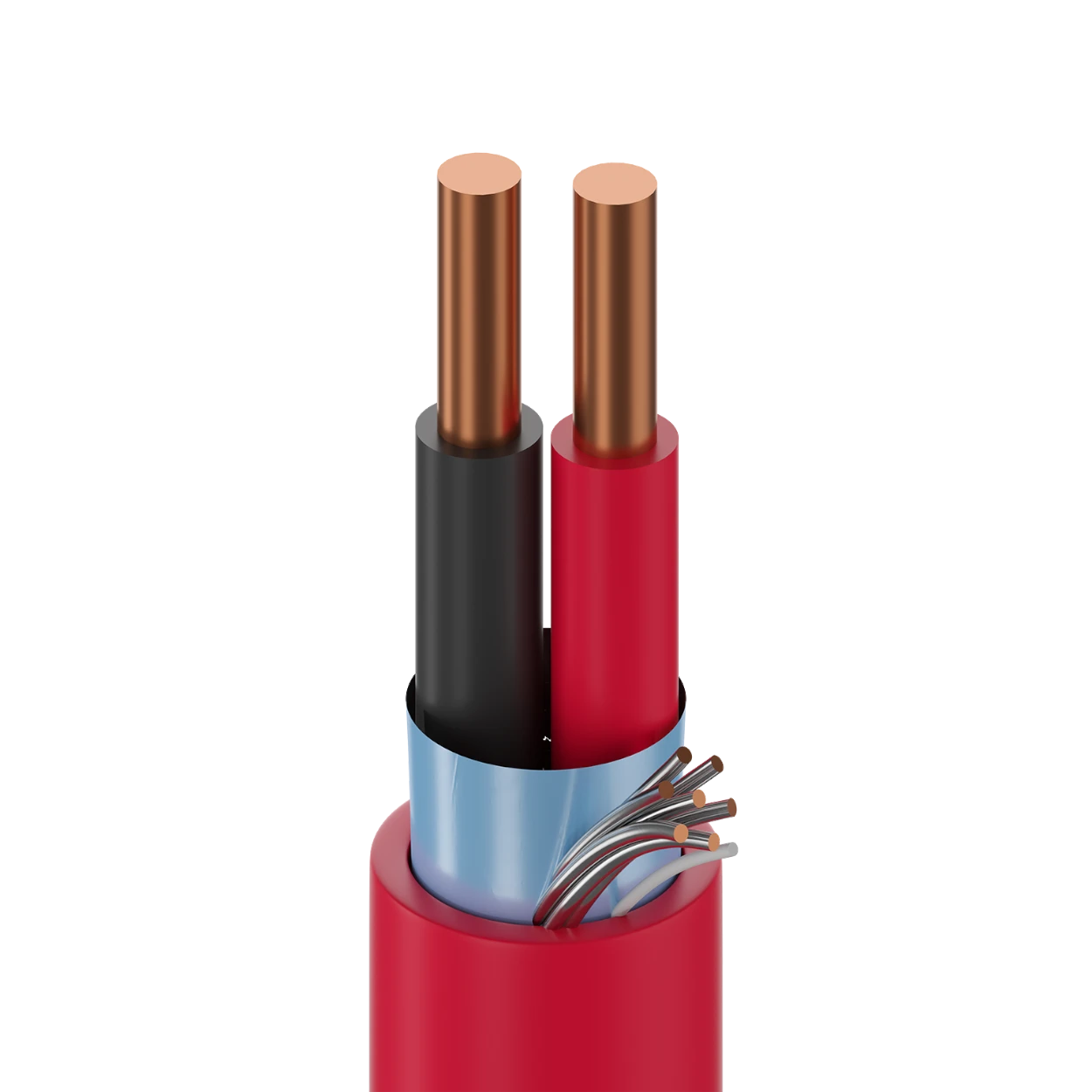 SILYMX red 2x18 AWG FPLR fire alarm cable with copper conductors and a flame-retardant PVC jacket.