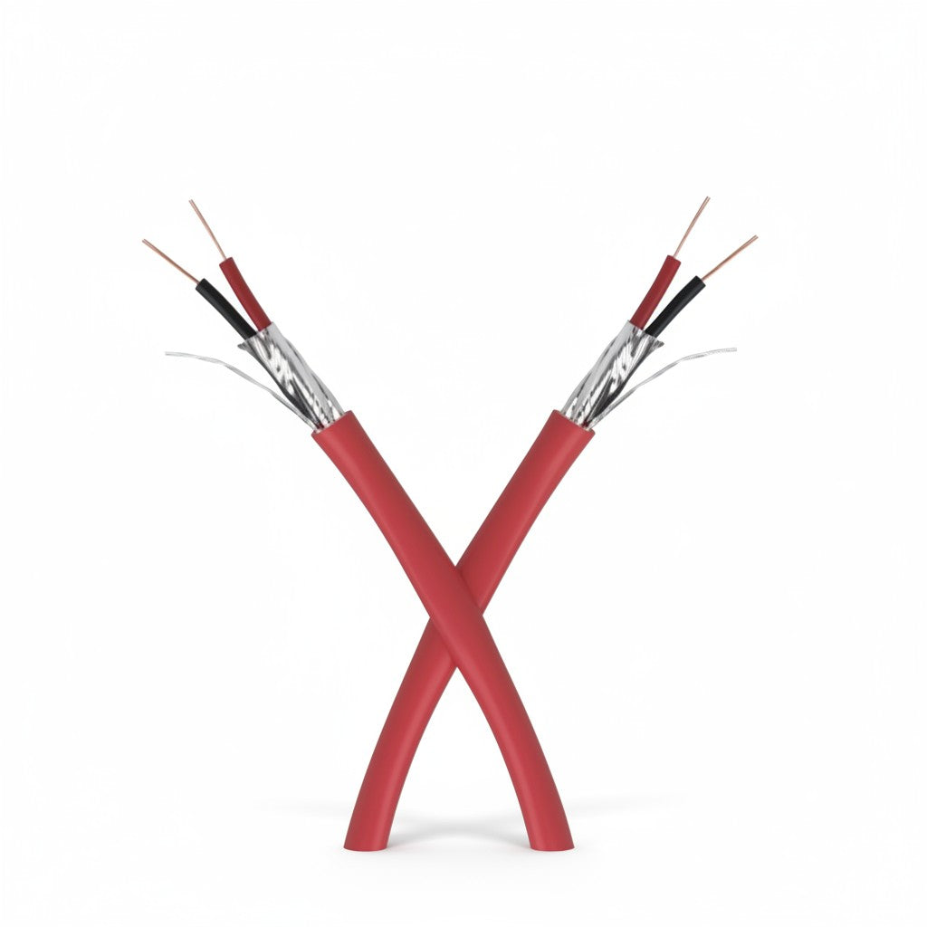SILYMX red 2x14 AWG shielded FPLR alarm cable with solid copper conductors.