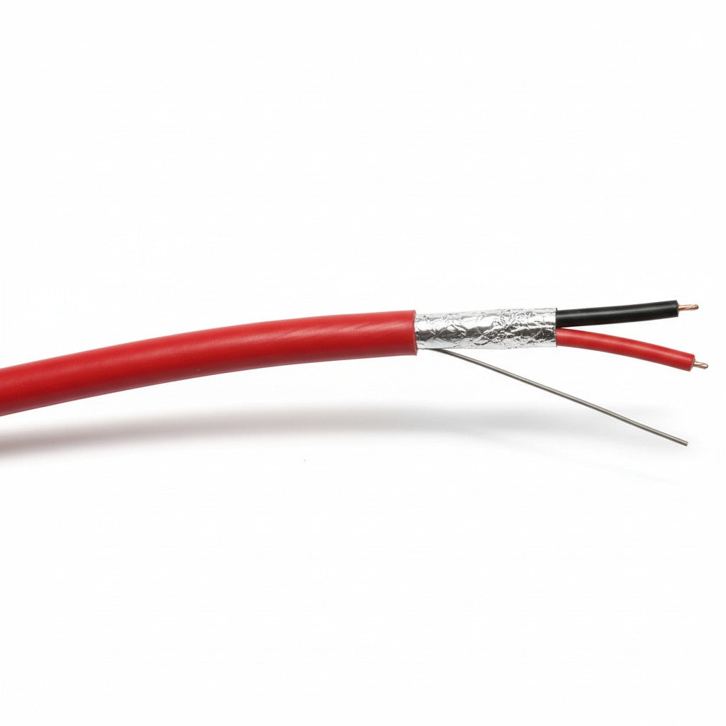 SILYMX red 2x18 AWG FPLR fire alarm cable, 305m spool. Features a red outer jacket and two inner conductors (red and black).
