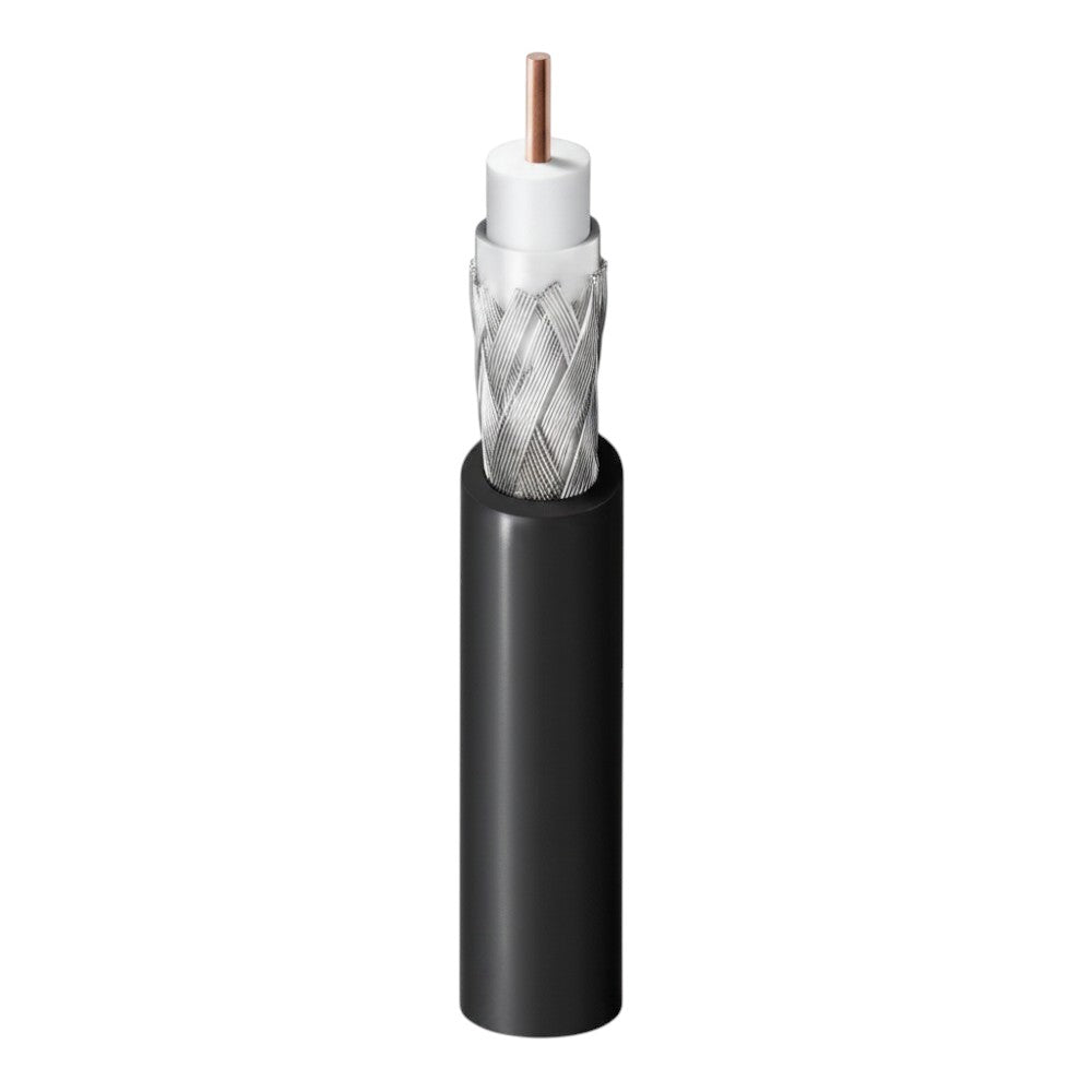SILYMX black RG6 18 AWG coaxial cable, 305m spool, solid copper conductor, foam polyethylene dielectric, 60% braided shield, for indoor/outdoor use.