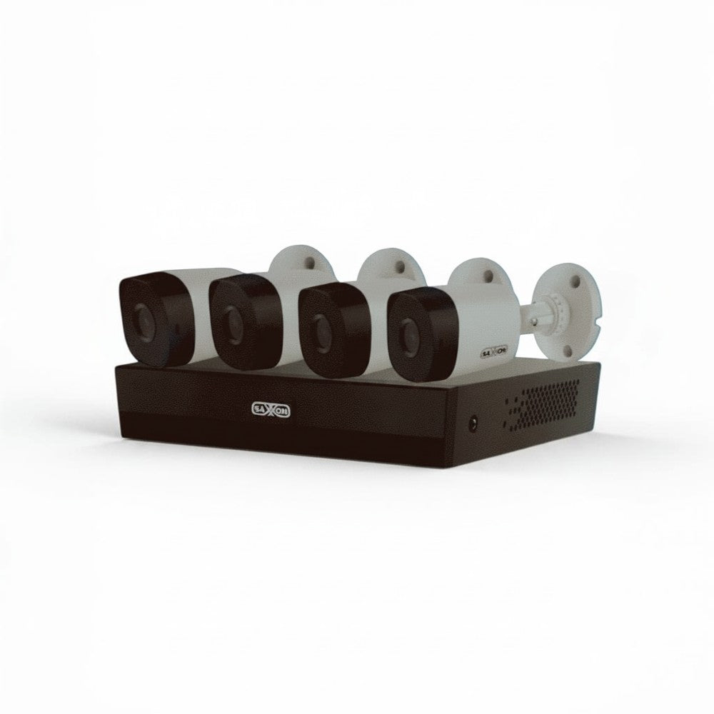 SILYMX SAXXON 4-channel CCTV kit with four 720p bullet cameras and a black DVR. Features wide-angle lenses and night vision.