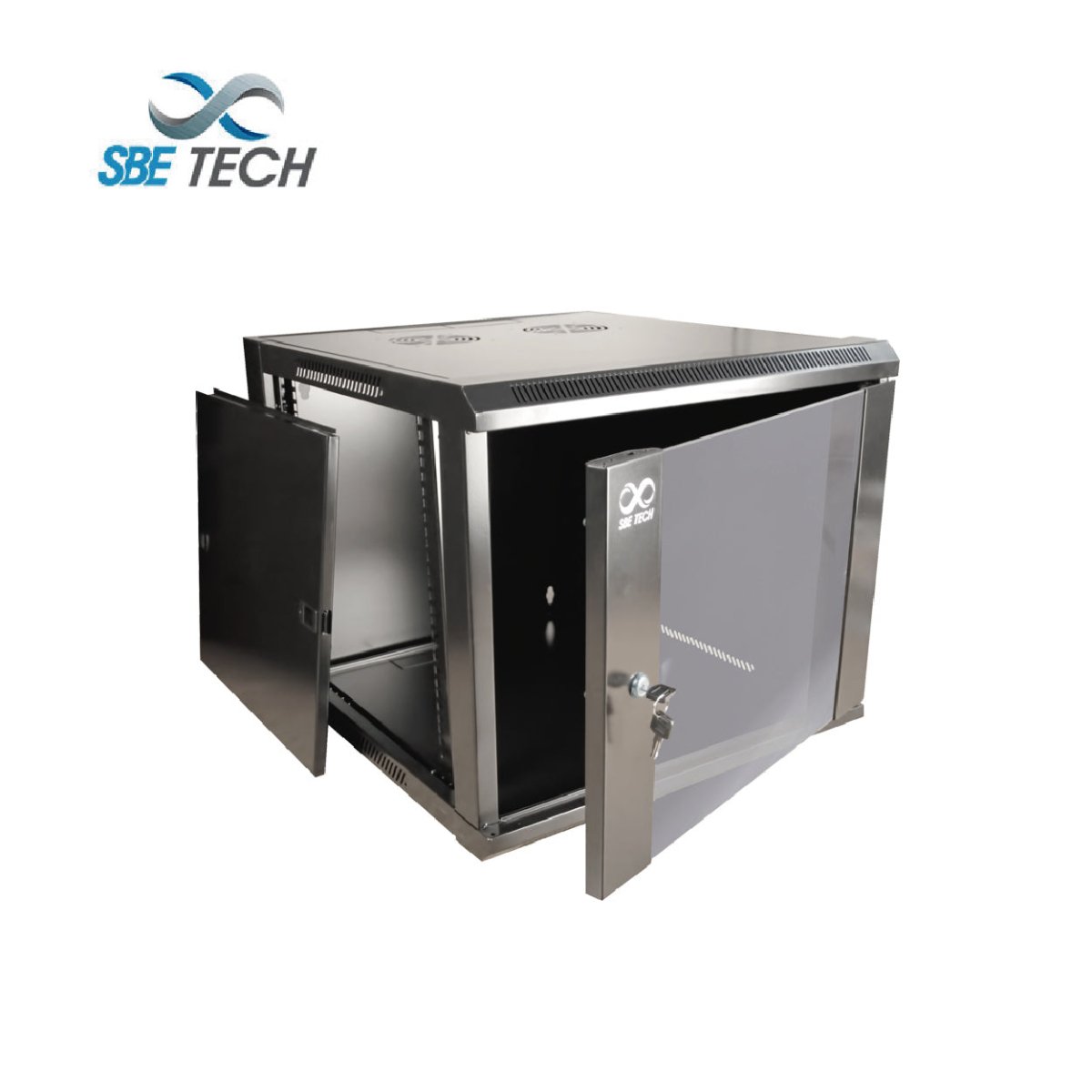 SILYMX SBETECH 12UR wall-mount rack cabinet with tempered glass front door and removable side panels in black steel