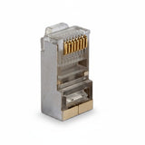 SILYMX shielded Cat6 RJ45 connector with gold-plated contacts for 23 AWG cable. Traditional crimp style.