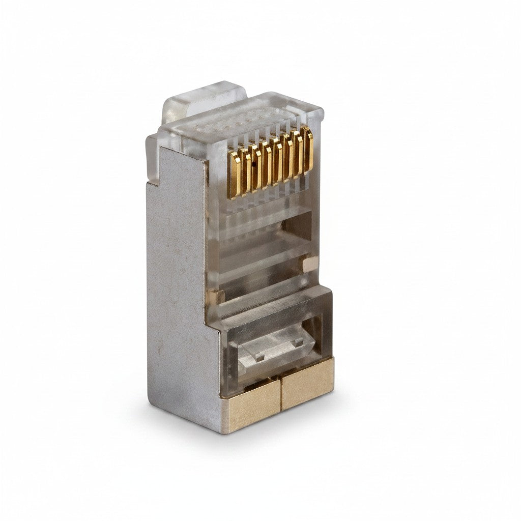 SILYMX shielded Cat6 RJ45 connector with gold-plated contacts for 23 AWG cable. Traditional crimp style.