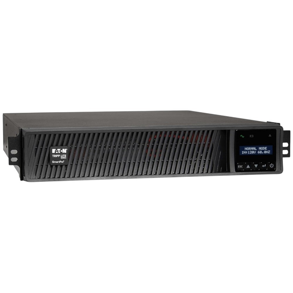 SILYMX Eaton Tripp Lite SmartPro 3000VA UPS with LCD display, rack/tower mountable, black metal casing.