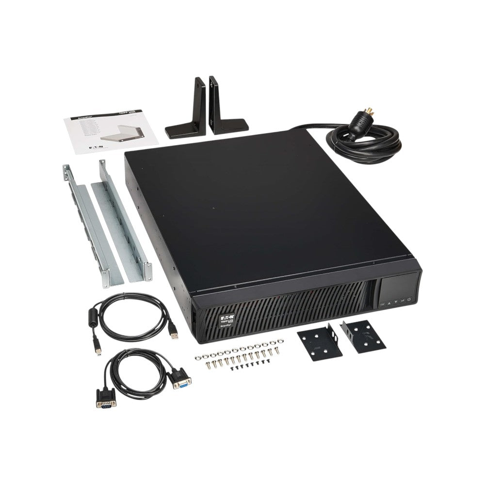 SILYMX black 2U rackmount UPS with LCD screen, includes rack ears, cables, and mounting hardware.