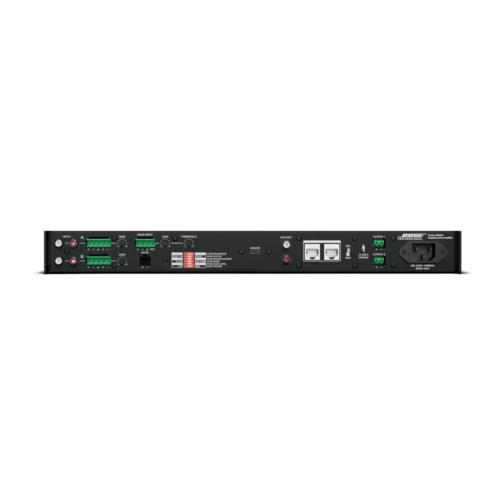 SILYMX Veritas 2x160W amplifier rear panel showing RCA, balanced inputs, DSP controls, and 70/100V output terminals.
