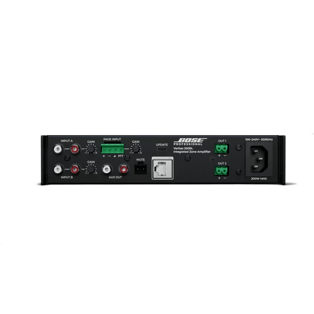 Rear panel of SILYMX Veritas 2x50W amplifier featuring RCA inputs, balanced connectors, and power port on black background