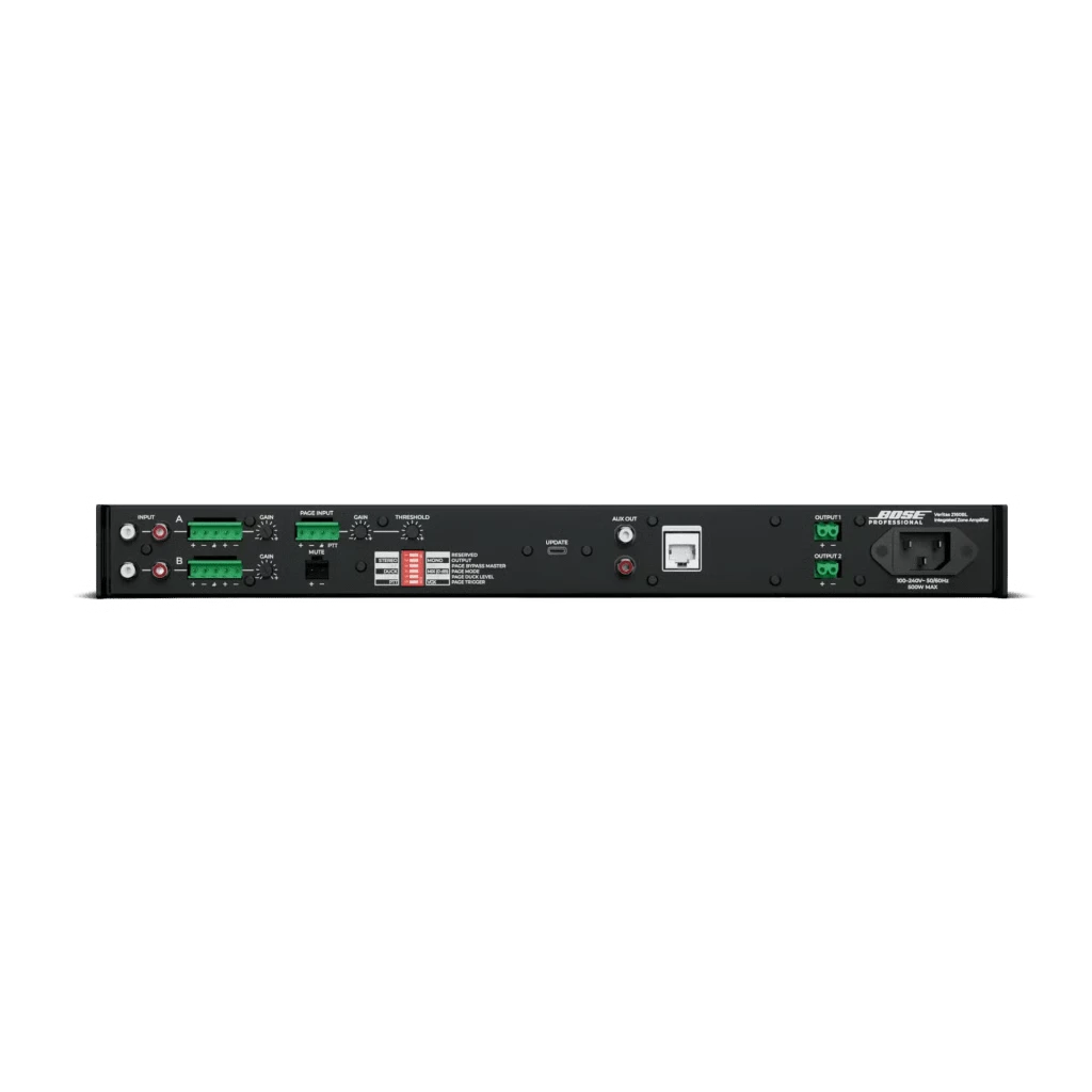 SILYMX Veritas amplifier rear panel showing balanced and unbalanced inputs, DSP controls, and output terminals.
