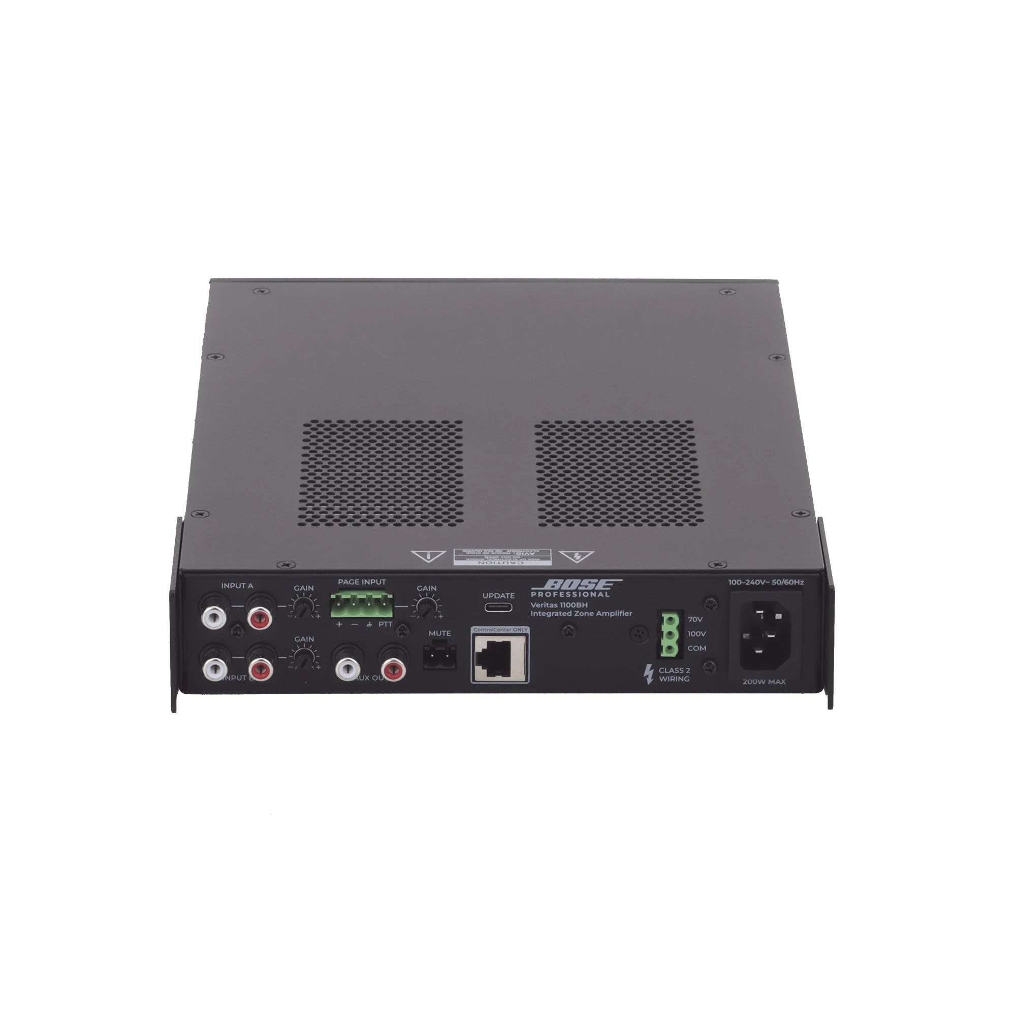SILYMX Veritas 100W integrated zone amplifier rear panel with RCA, balanced inputs, and 70V-100V output terminals.