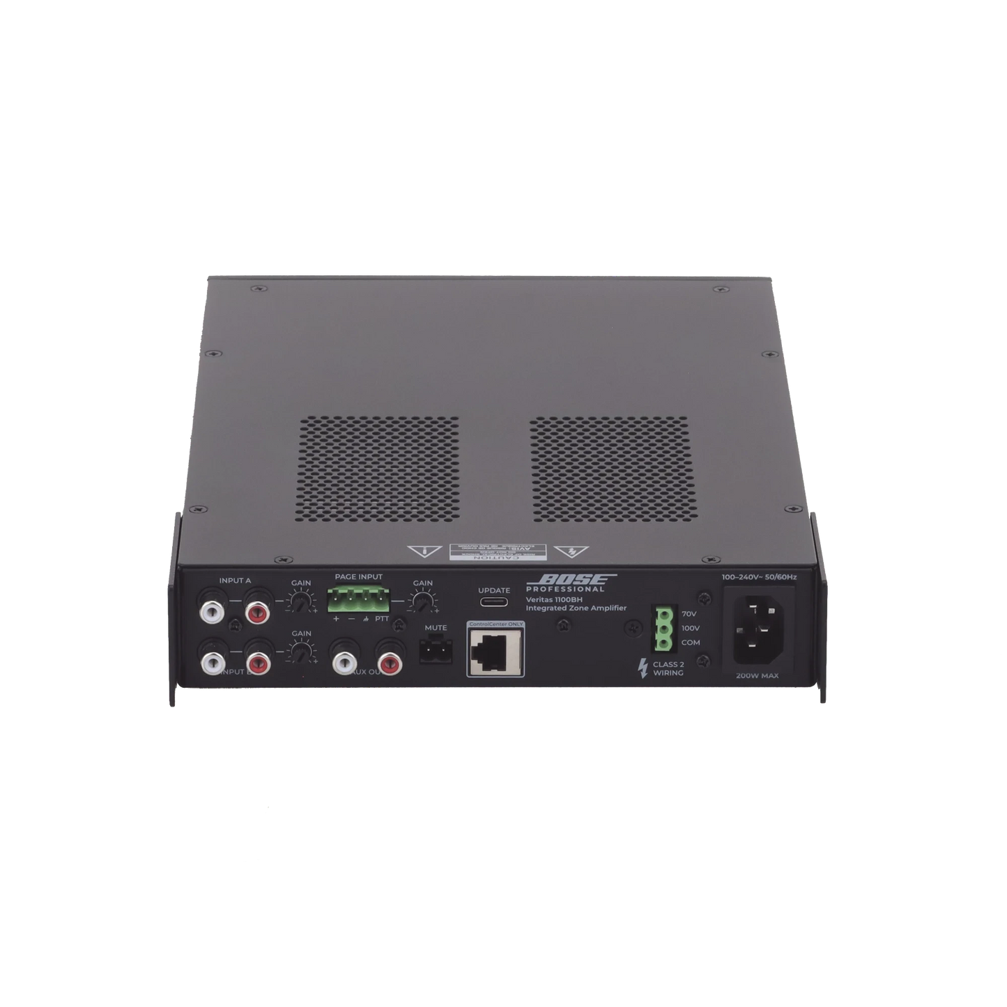 SILYMX Veritas 100W integrated zone amplifier rear panel with RCA, balanced inputs, and 70V-100V output terminals.