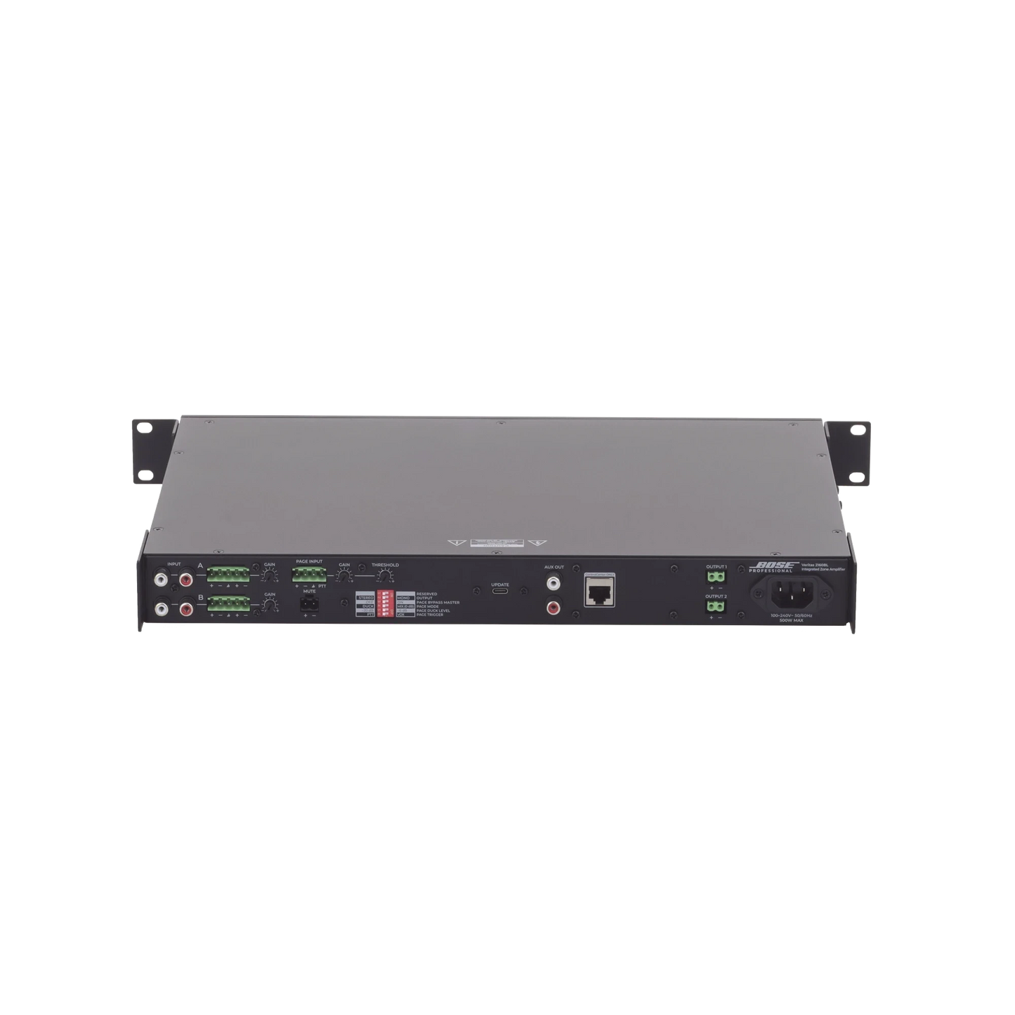 SILYMX Veritas professional amplifier rear panel showing balanced and unbalanced inputs, DSP controls, and outputs.