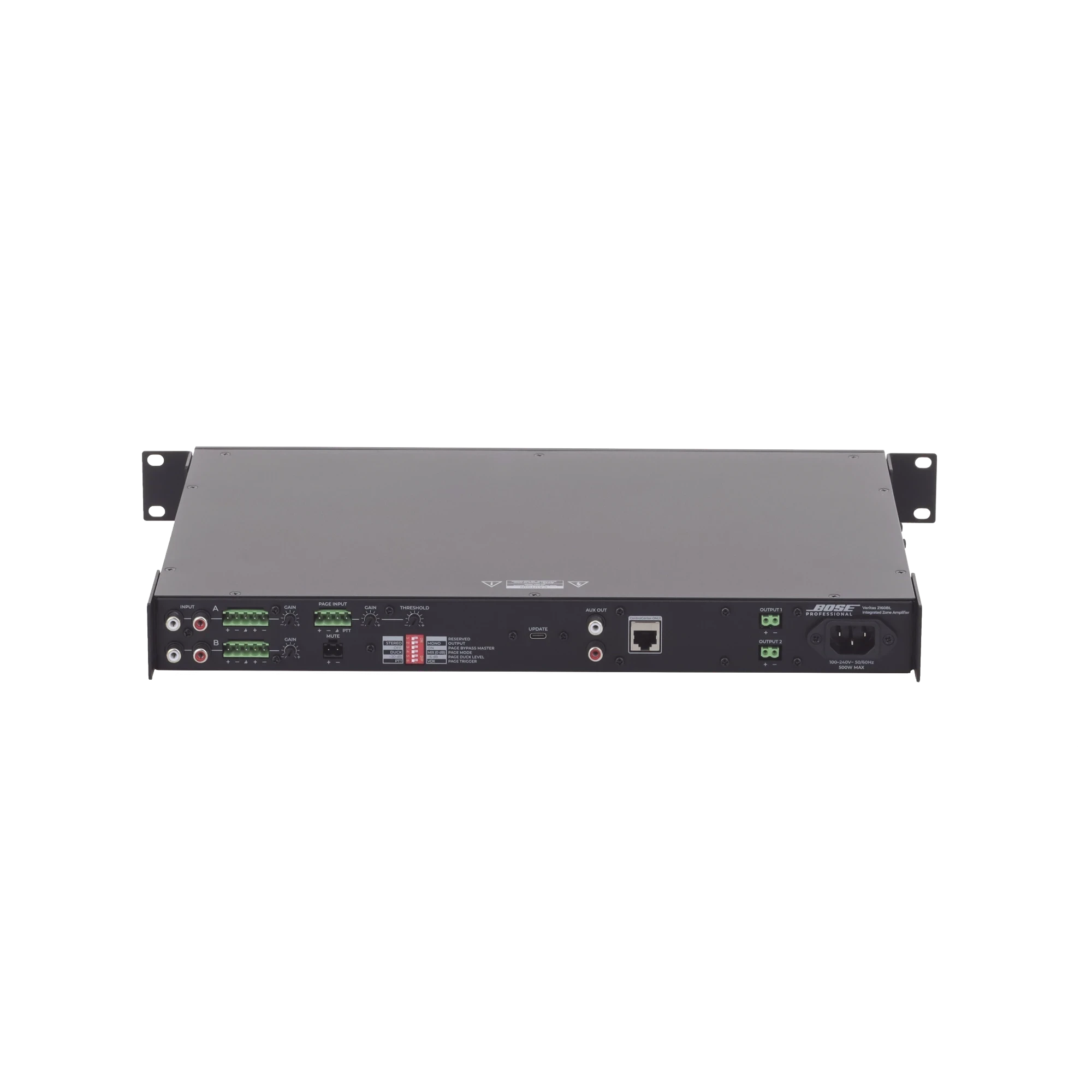 SILYMX Veritas professional amplifier rear panel showing balanced and unbalanced inputs, DSP controls, and outputs.
