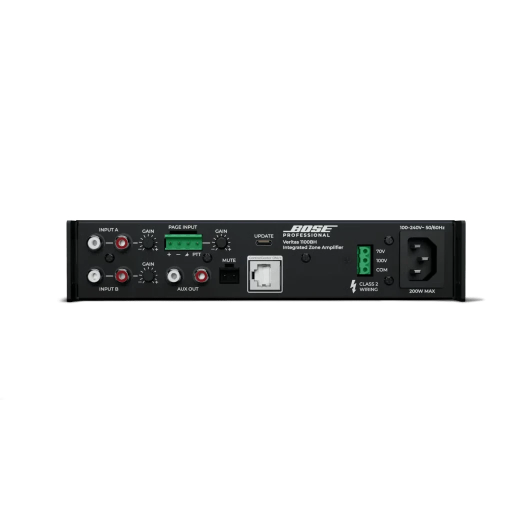 SILYMX Veritas 100W integrated zone amplifier rear panel with RCA, balanced inputs, and 70V-100V output terminals.