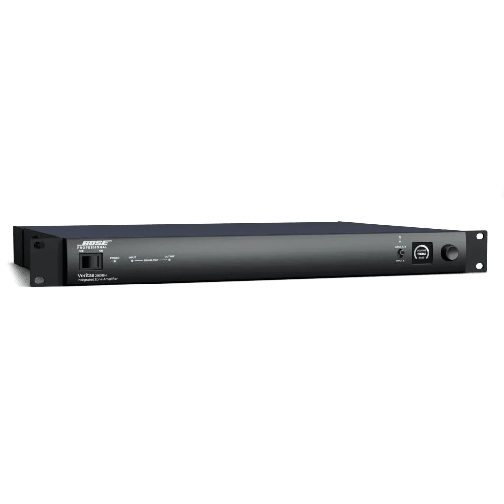 SILYMX Veritas 2x160W integrated zone amplifier with DSP, Bluetooth, and RCA inputs in a sleek black rack-mount design