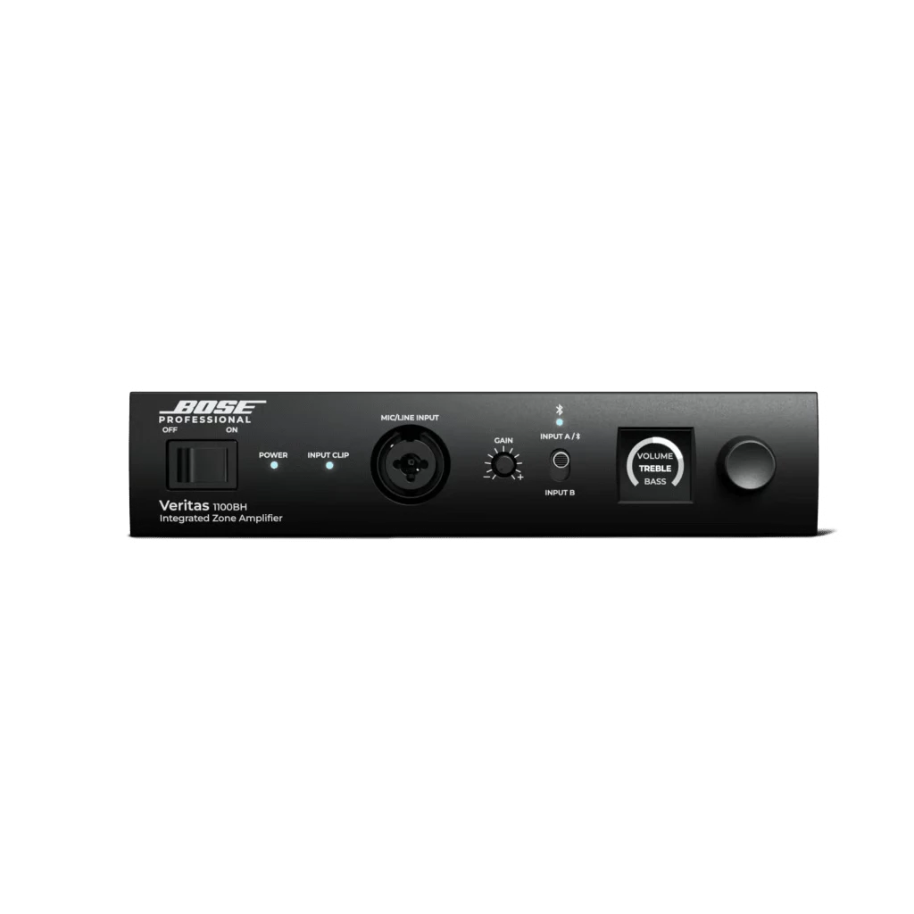 SILYMX Veritas 100W integrated zone amplifier with Bluetooth 5.0, DSP, and balanced inputs in a black metal chassis.