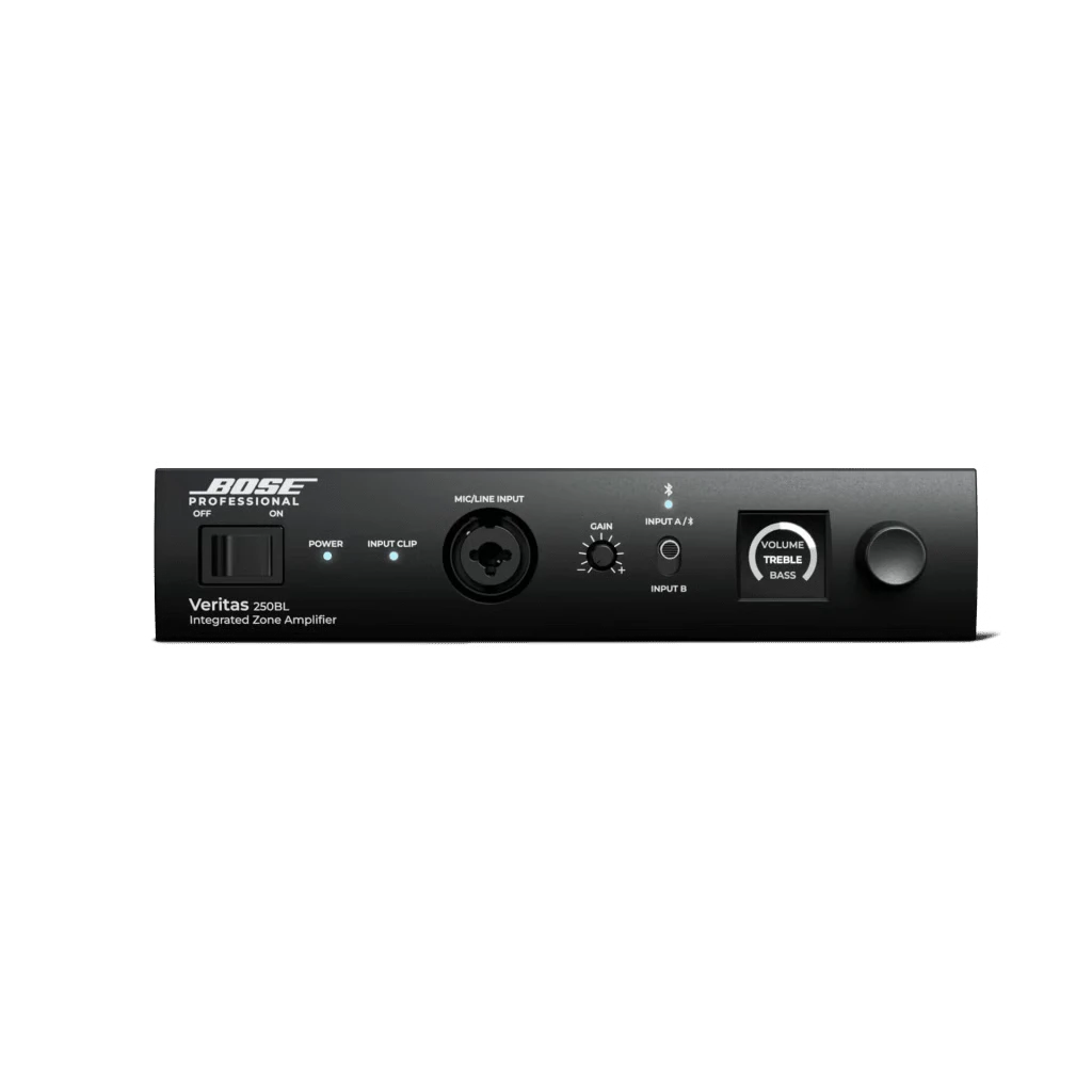SILYMX Veritas 250BL integrated zone amplifier with Bluetooth, DSP, and front-panel controls on a black background