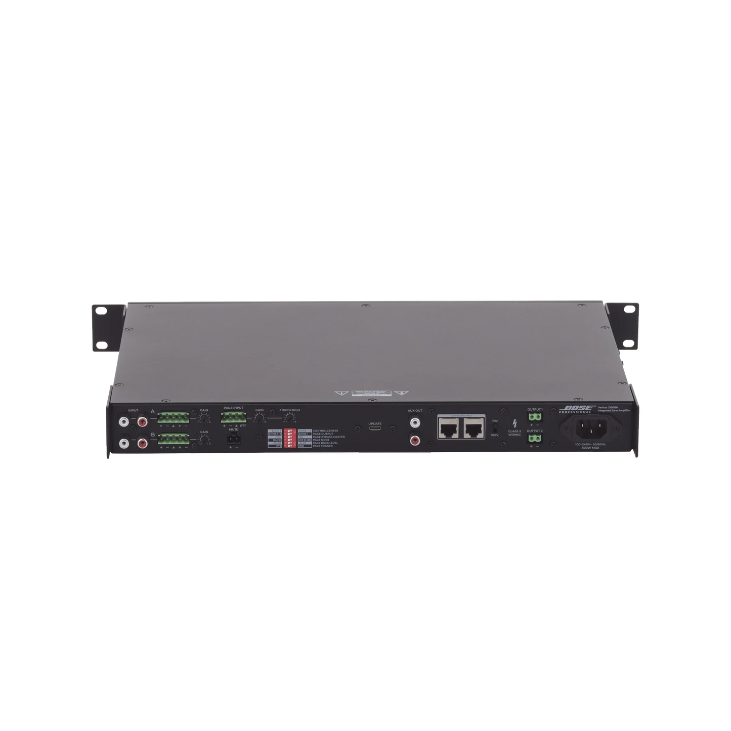 SILYMX Veritas 2x160W professional zone amplifier rear panel with RCA, balanced inputs, and 70/100V output ports