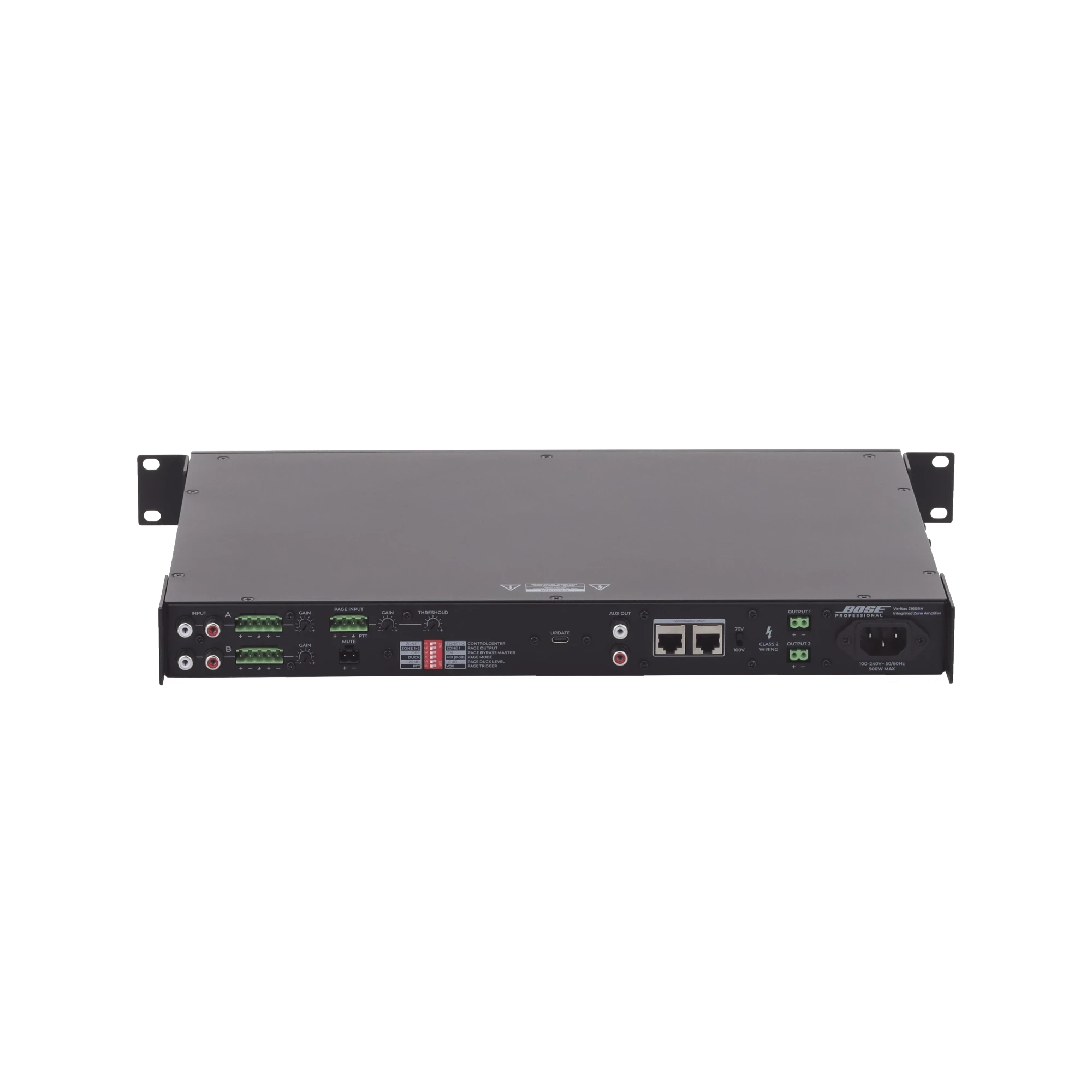 SILYMX Veritas 2x160W professional zone amplifier rear panel with RCA, balanced inputs, and 70/100V output ports