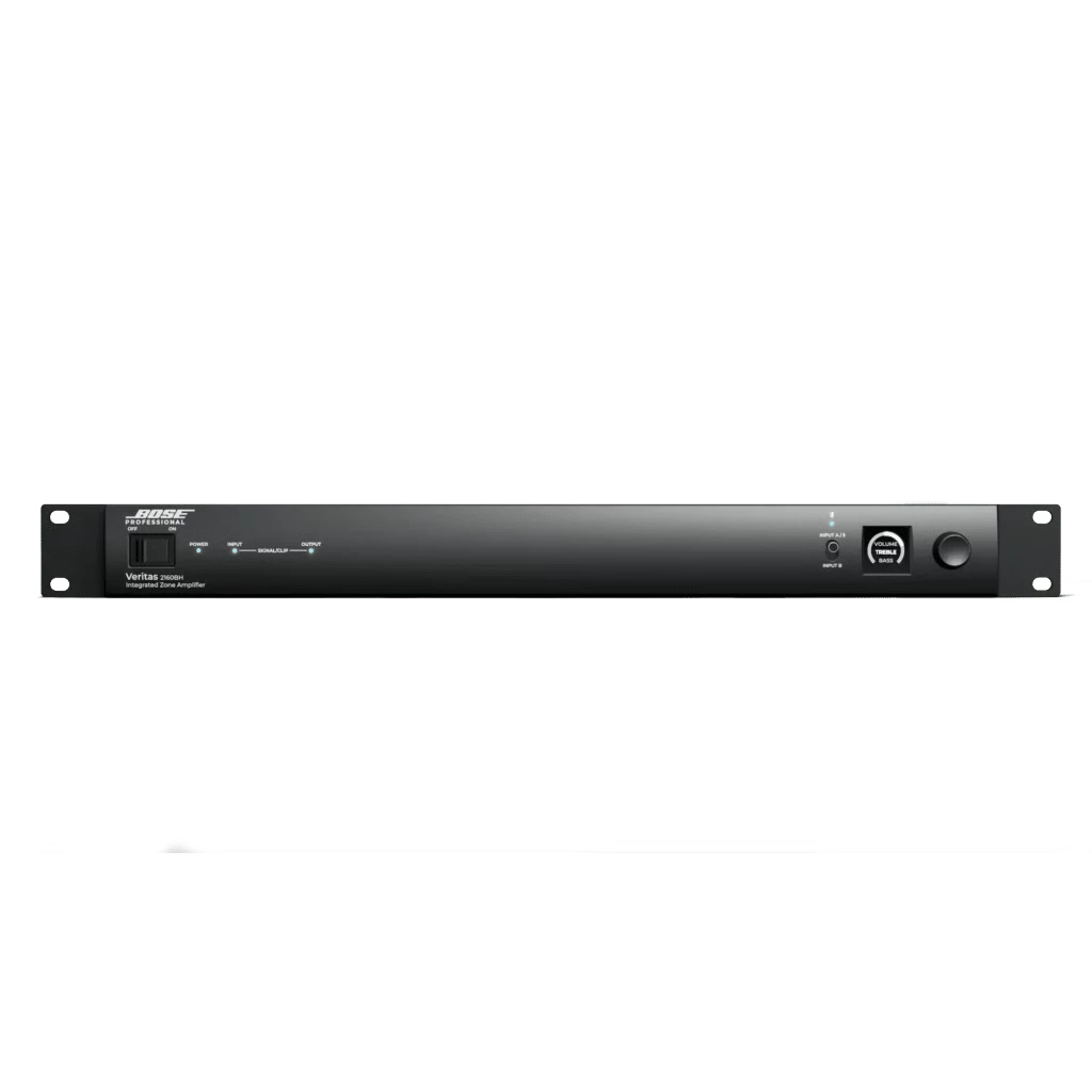 SILYMX Veritas 2x160W integrated zone amplifier with Bluetooth, DSP, and RCA inputs in a black rack-mount chassis.