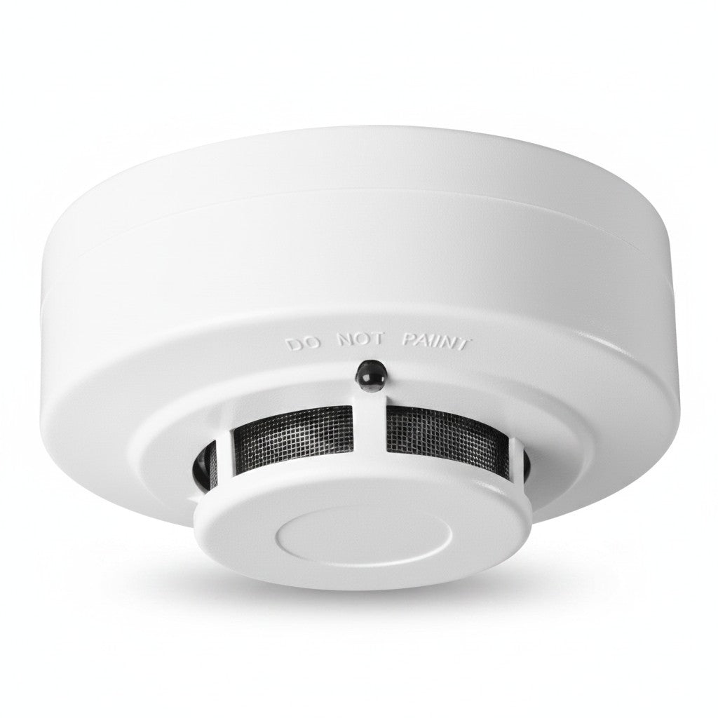 SILYMX white 2-wire photoelectric smoke detector with dust mesh protection and UL listing. Compact design for ceiling mount.