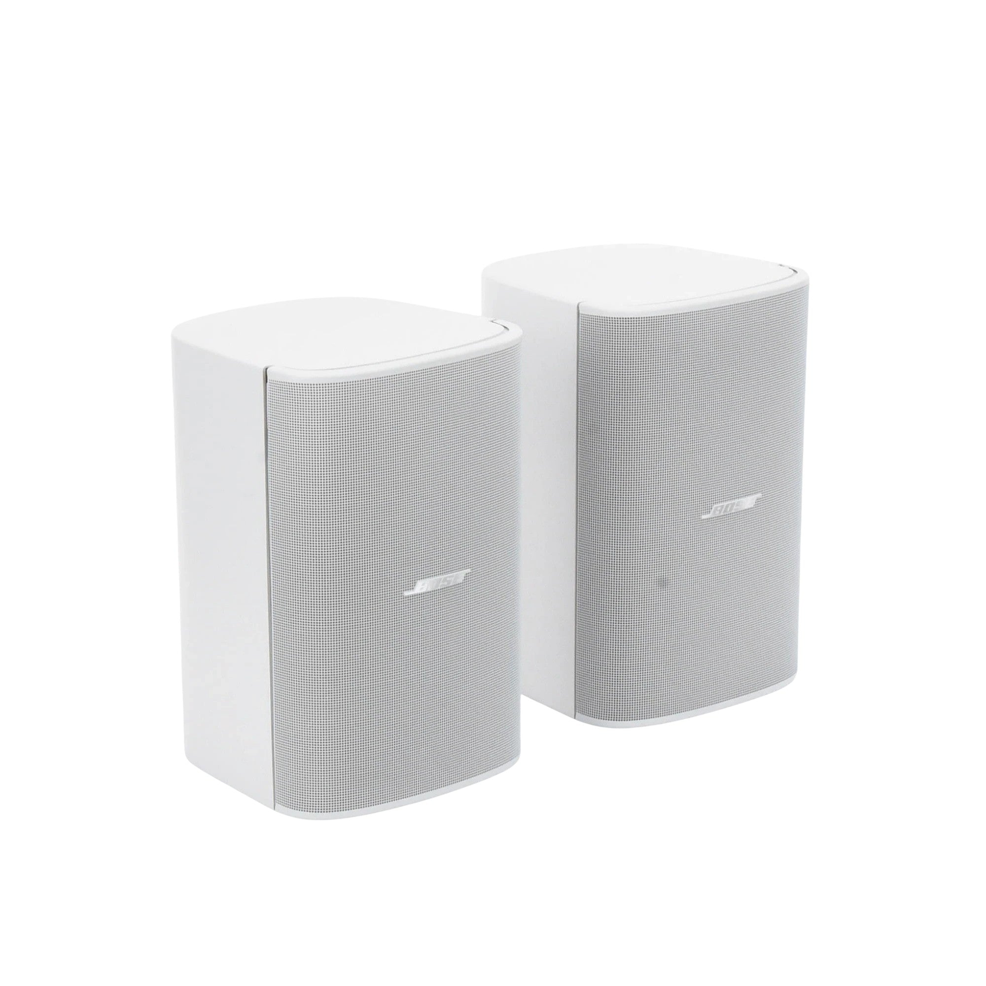 Pair of white SILYMX DesignMax 6.5-inch wall-mounted outdoor speakers with a sleek, modern design.