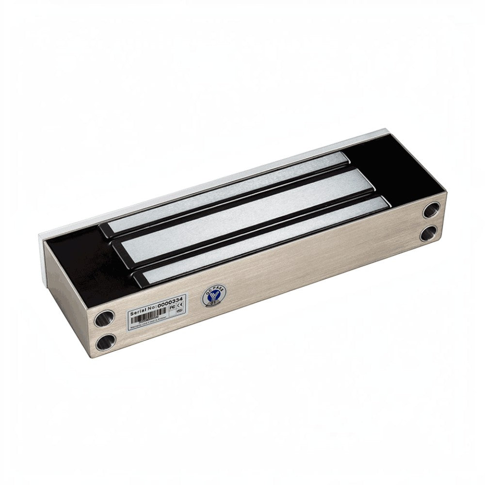SILYMX YLI YM500NW magnetic lock for outdoor use with IP68 rating, 500kg holding force, and brushed metal finish.