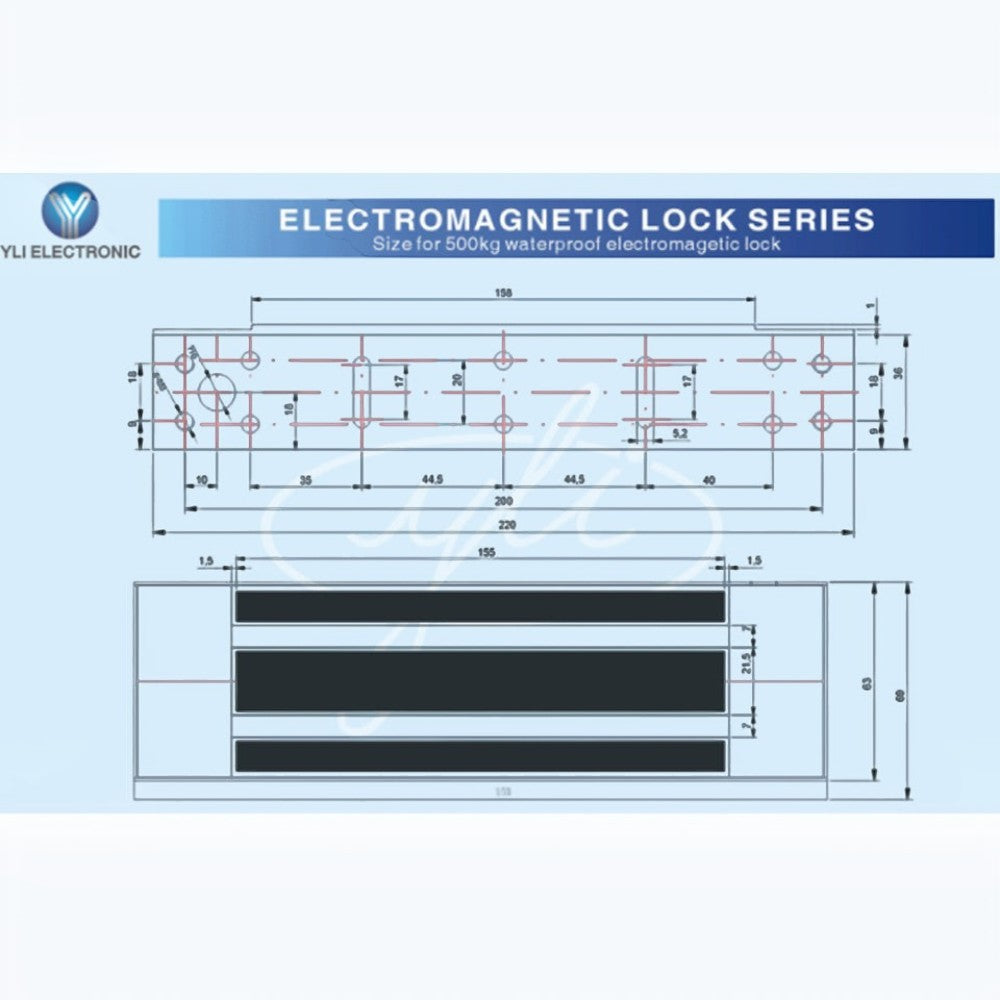 SILYMX technical drawing showing dimensions for YLI YM500NW 500kg waterproof electromagnetic lock installation