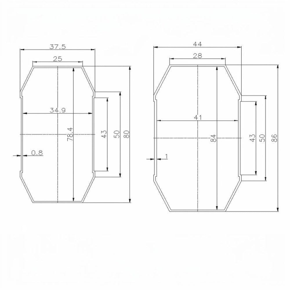 SILYMX ZKTeco CMP300 telescopic aluminum barrier arm cross-section diagram showing 86x44mm dimensions