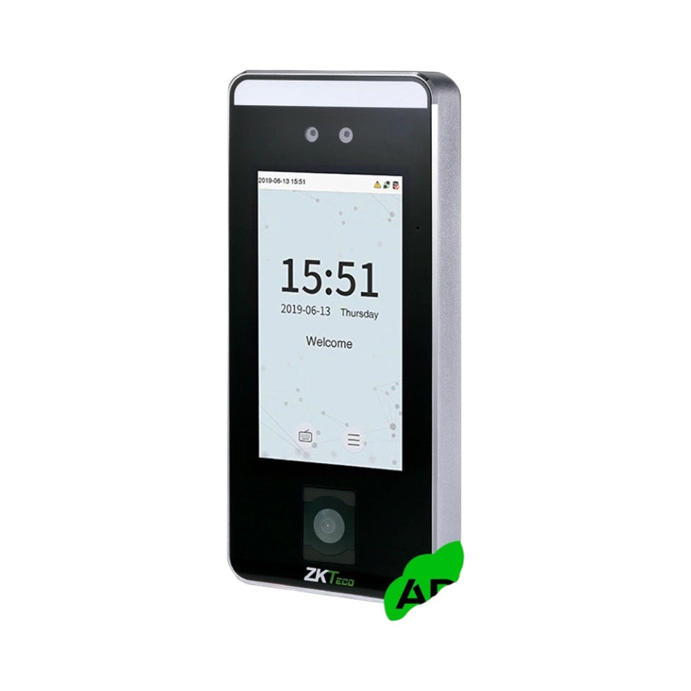 SILYMX ZKTeco SpeedFaceV5LQR facial recognition access control terminal with QR scanner and touchscreen display.